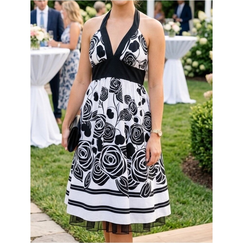 Chic Black and White Floral Halter Midi Dress